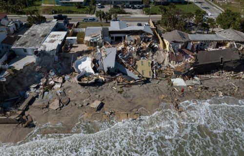 An aerial view of destroyed beachfront homes in the aftermath of Hurricane Nicole at Daytona Beach