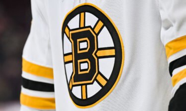 View of a Boston Bruins logo on a jersey worn by a member of the team on March 21 at Bell Centre in Montreal