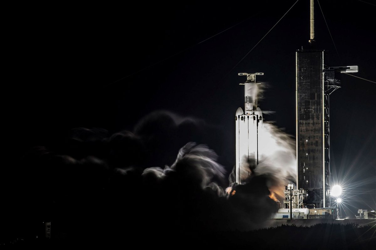 <i>SpaceX/Twitter</i><br/>The Falcon Heavy rocket shown during a ground test at its launch site in Florida in October.