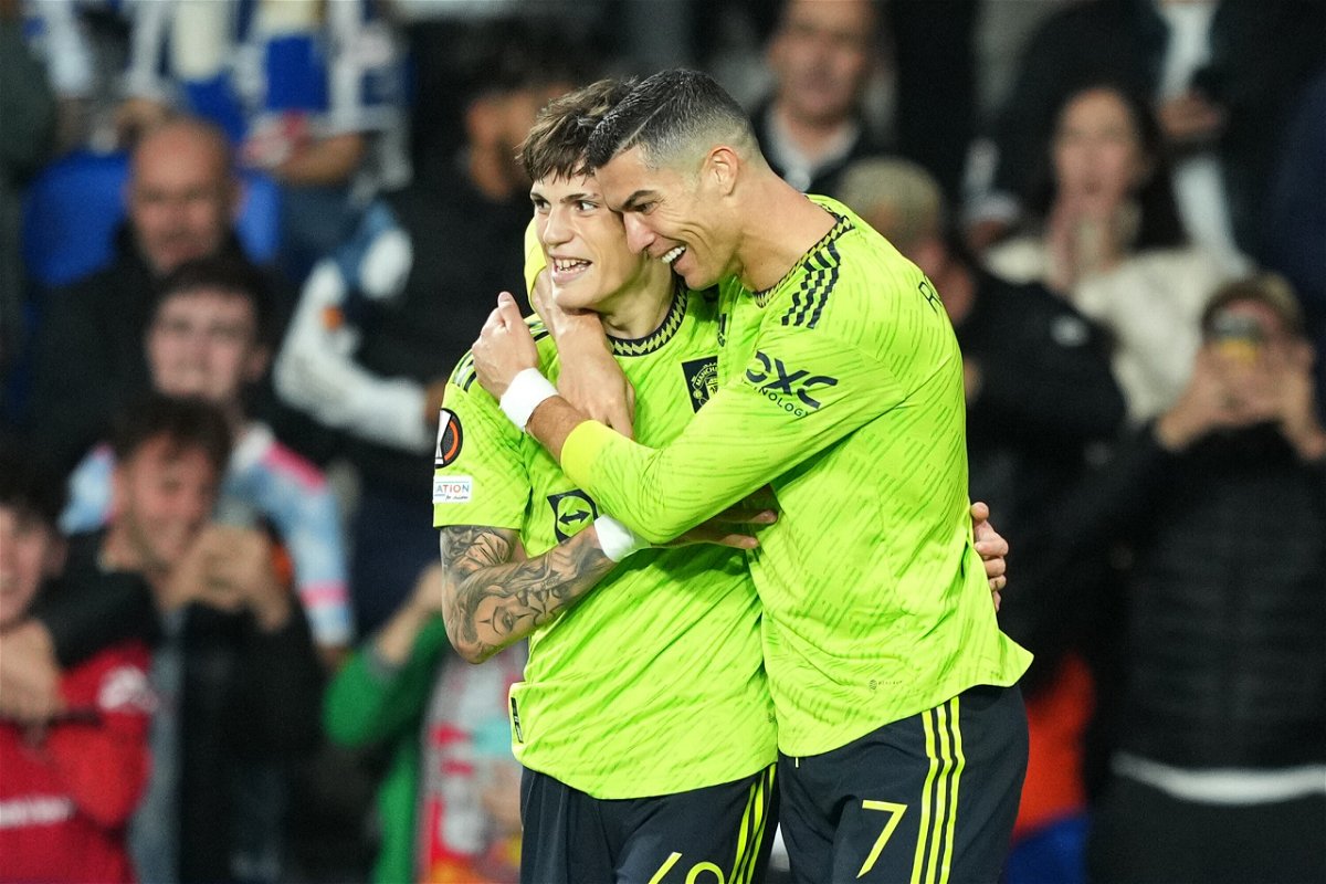 <i>Juan Manuel Serrano Arce/Getty Images</i><br/>Garnacho celebrates with teammate Cristiano Ronaldo who provided the assist.