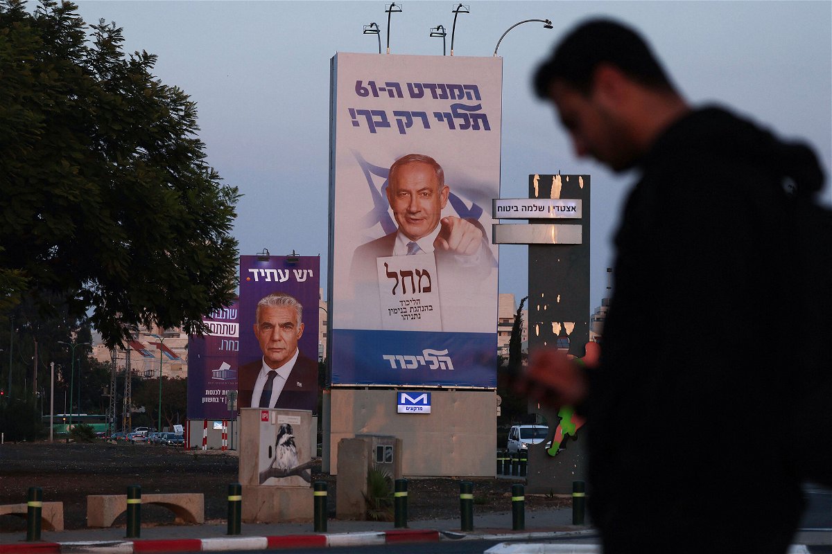 <i>Ahmad Gharabli/AFP/Getty Images</i><br/>A picture shows an electoral banner for the Likud party depicting former prime minister Benjamin Netanyahu in Tel Aviv on October 27