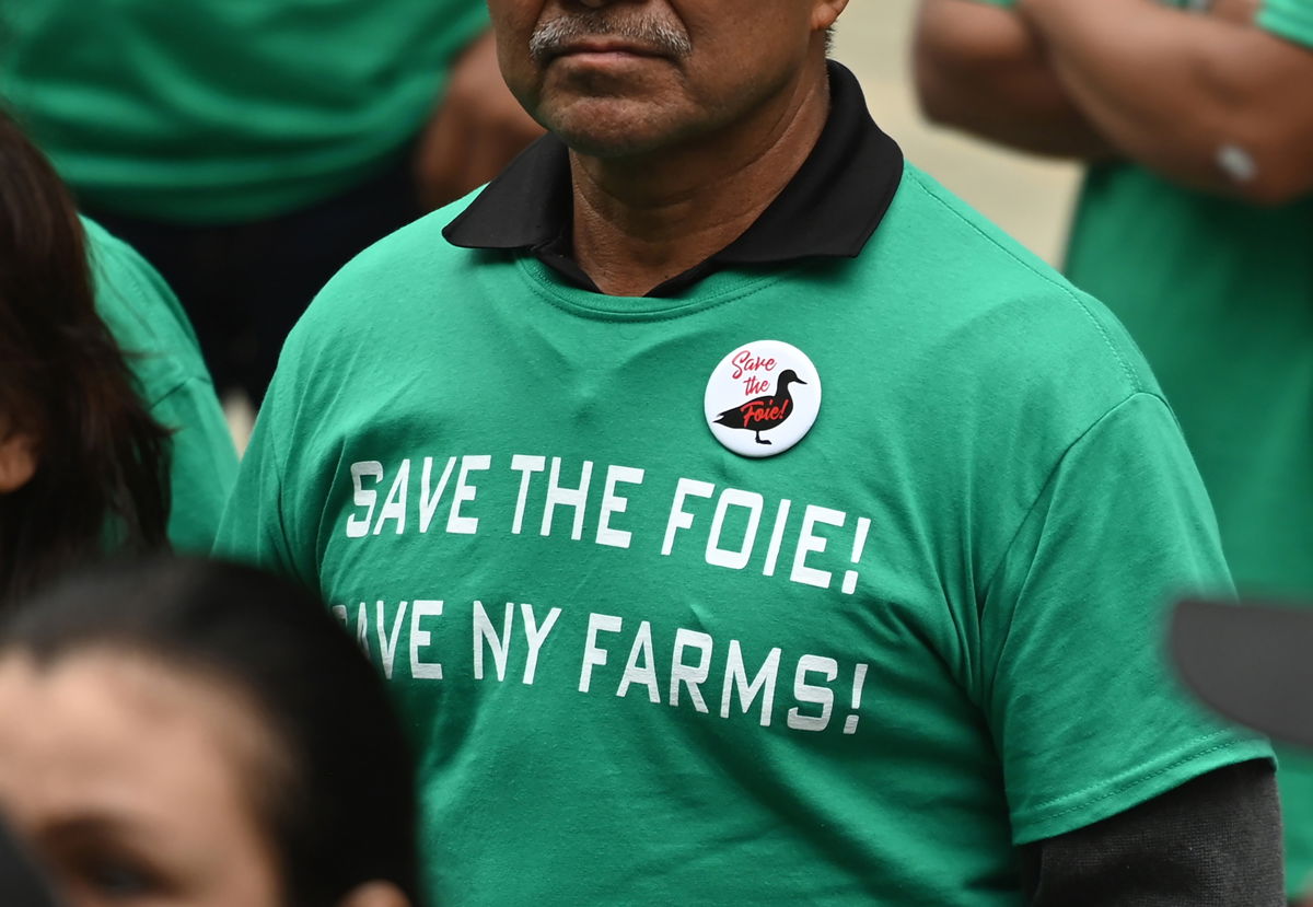 <i>Angela Weiss/AFP/Getty Images</i><br/>Farmers arrive a New York City Council Health Committee hearing to protest a bill to ban the sale of foie gras on June 18
