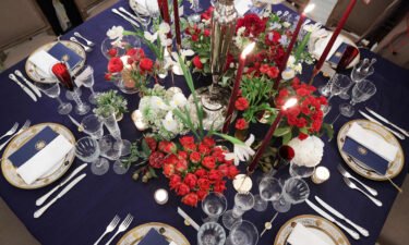 A table is set during a media preview ahead of the State Dinner in honor of French President Emmanuel Macron