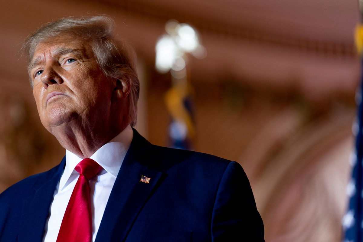 FILE - Former President Donald Trump announces he is running for president for the third time as he pauses while speaking at Mar-a-Lago in Palm Beach, Fla., Nov. 15, 2022. Ronna McDaniel, the former president's hand-picked choice back in 2017 and the niece of Utah Sen. Mitt Romney, is running to lead the Republican National Committee for a fourth term. In an interview, McDaniel said she notified Trump of her intention to seek another term but did not explicitly ask for his support. (AP Photo/Andrew Harnik, File)