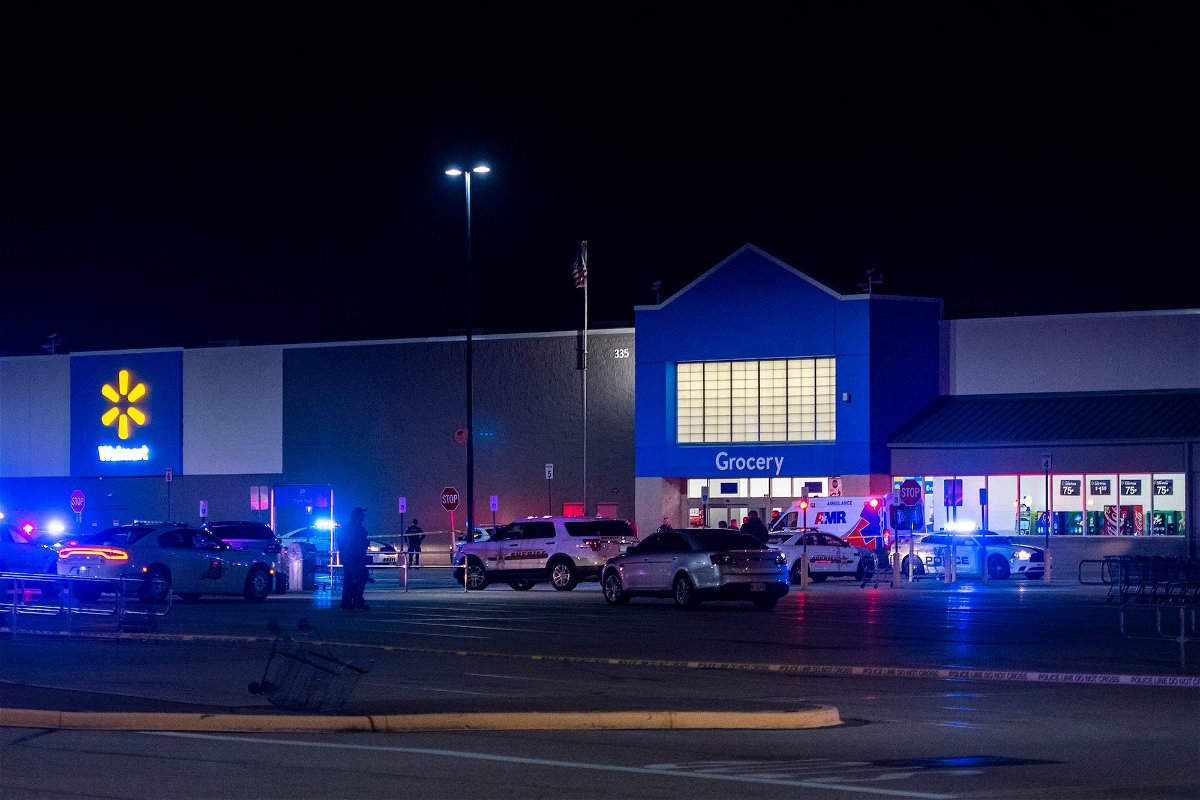 Emergency responders work the scene of a shooting at the West Side Walmart located at 335 S. Red Bank Road in Evansville, Ind., Thursday, Jan. 20, 2023. Evansville police say a man opened fire inside the store injuring at least one person before he was killed by officers.

02 Walmart Shooting