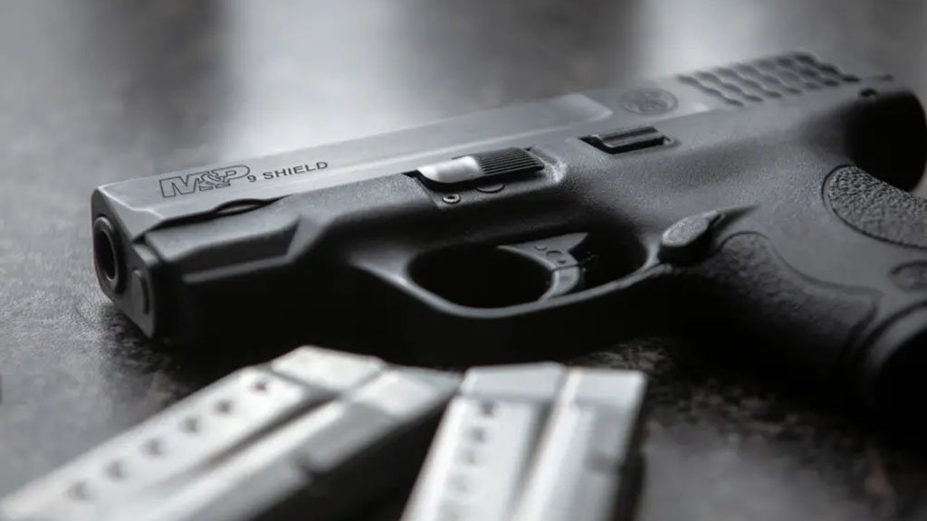 A M&P Shield handgun is displayed in Austin on April 23, 2021. Credit: