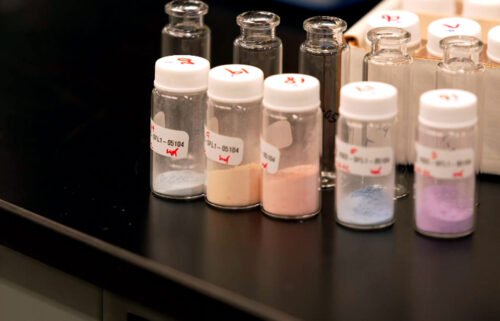 Bottles of powder are pictured here at the DEA drug-testing lab.