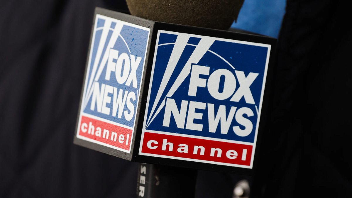 Fox News reporter's microphone is seen before the speech of the President of the United States Joe Biden in Warsaw, Poland on February 21, 2023. President Biden visits Poland, after the unexpected visit to Kyiv, ahead of the anniversary of Russian invasion of Ukraine. (Photo by Jakub Porzycki/NurPhoto via Getty Images)