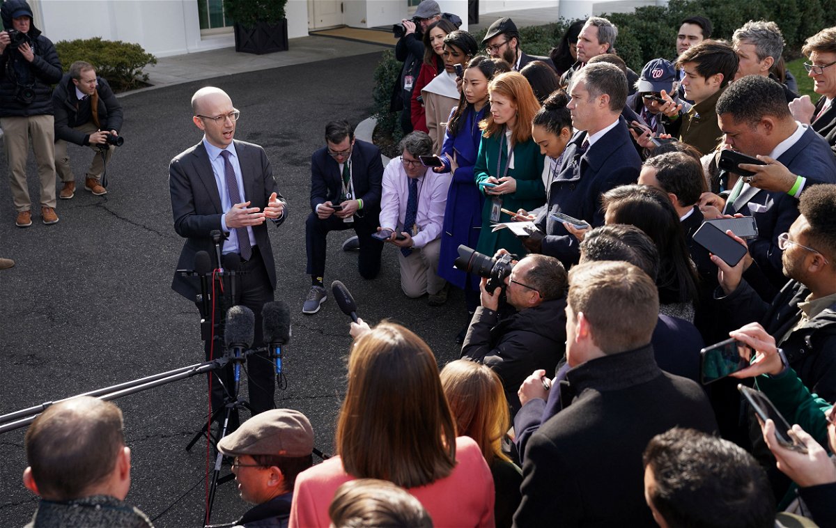<i>Kevin Lamarque/Reuters</i><br/>White House spokesman Ian Sams speaks to reporters in front of the West Wing of the White House in Washington