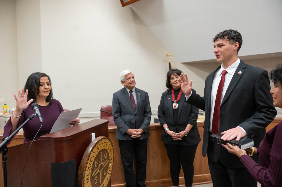 During the New Mexico State University Board of Regents meeting Deborah Romero and  Garrett Moseley were sworn in as Regent and Student Regent swearing in during the March 10, 2023. (NMSU photo by Josh Bachman)