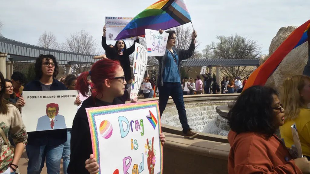 West Texas A&M University students gathered to protest against the university president’s decision to cancel a student-organized drag performance on March 23, 2023.