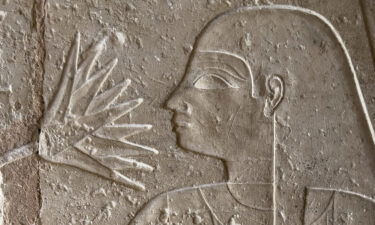 An Egyptian figure is shown smelling a lotus from the tomb of Meresankh in Giza