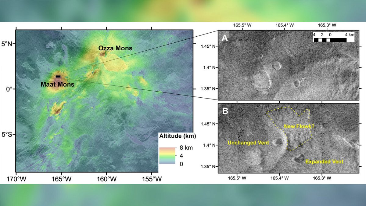 <i>Robert Herrick/UAF</i><br/>Altitude data (left) and images taken by Magellan of the volcanic vent (right) depict volcanic activity on Venus.