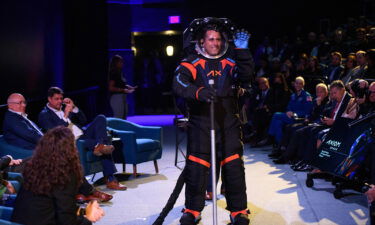 Axiom Chief Engineer Jim Stein wears the new spacesuit during the Axiom Space Artemis III Lunar Spacesuit event at Space Center Houston on March 15.