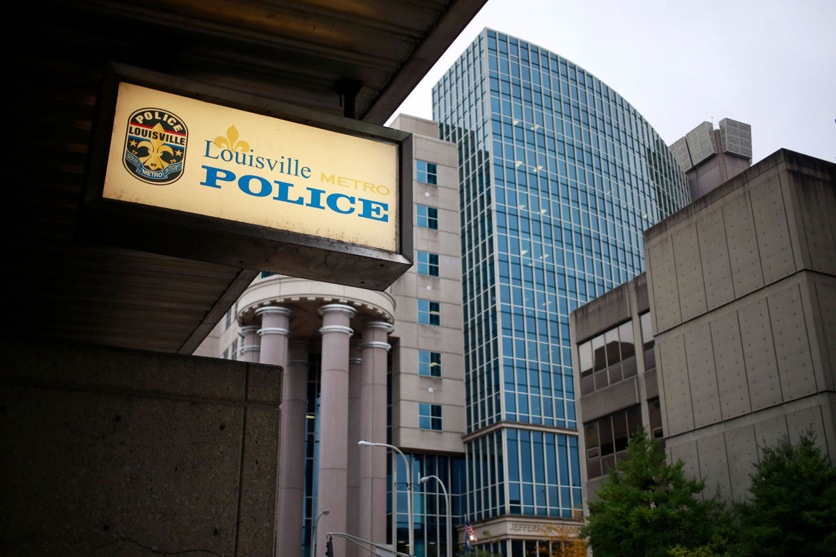 LOUISVILLE, KENTUCKY - OCTOBER 25:   

Signage is displayed outside the Louisville Metro Police headquarters in Louisville, Kentucky on Oct. 25, 2021. (Photo by Luke Sharrett for The Washington Post via Getty Images)