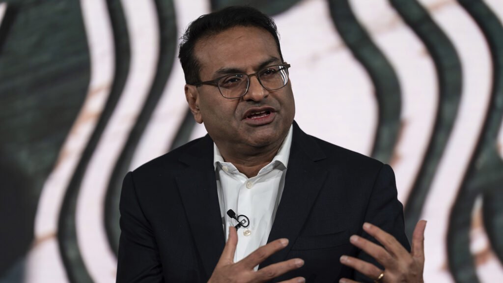 Incoming chief executive officer Laxman Narasimhan speaks from the stage during Starbucks Investor Day, Tuesday, Sept. 13, 2022, in Seattle. (AP Photo/Stephen Brashear)