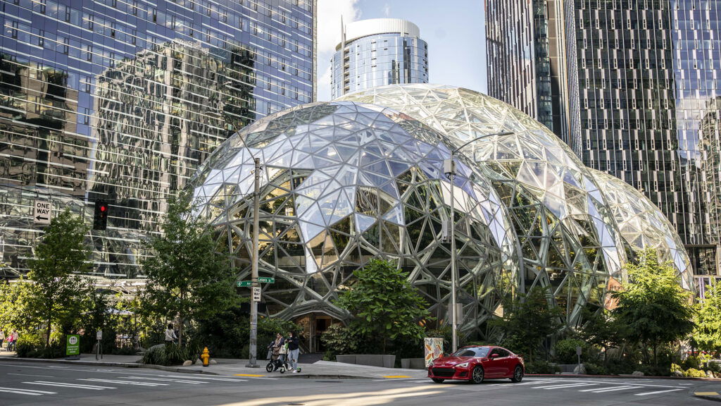 SEATTLE, WA - MAY 20: The exterior of The Spheres are seen at the Amazon.com Inc. headquarters on May 20, 2021 in Seattle, Washington. Five women employees sued Amazon this week, alleging discrimination and retaliation. (Photo by David Ryder/Getty Images)