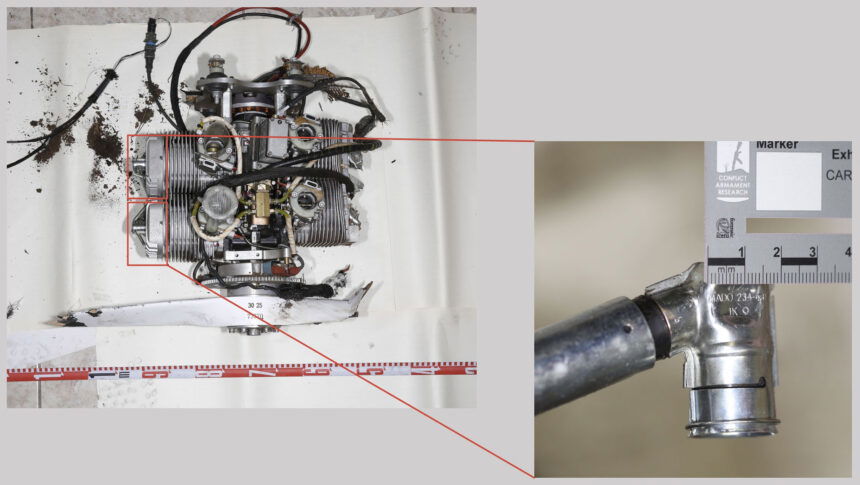 <i>CAR</i><br/>The location of spark plug caps on a Mado MD-550 engine is shown. CAR researchers found Mado's markings on the spark plug caps.