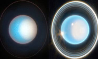 A November Hubble image of Uranus (left) captured the planet's bright polar cap