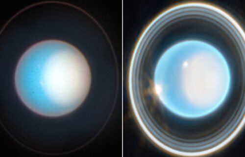 A November Hubble image of Uranus (left) captured the planet's bright polar cap