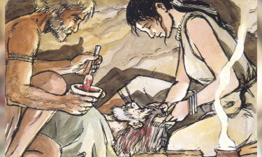 An illustration depicts the hair-dyeing ritual that occurred in the funerary chamber of a cave in Menorca.