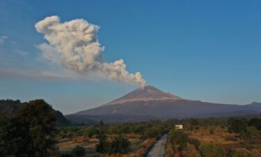 The Popocatépetl Volcano spews ash and smoke as seen from Puebla