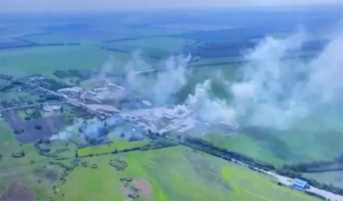 <i>bpzua/Telegram</i><br/>Aerial footage shows smoke rising over Russia's Belgorod region.