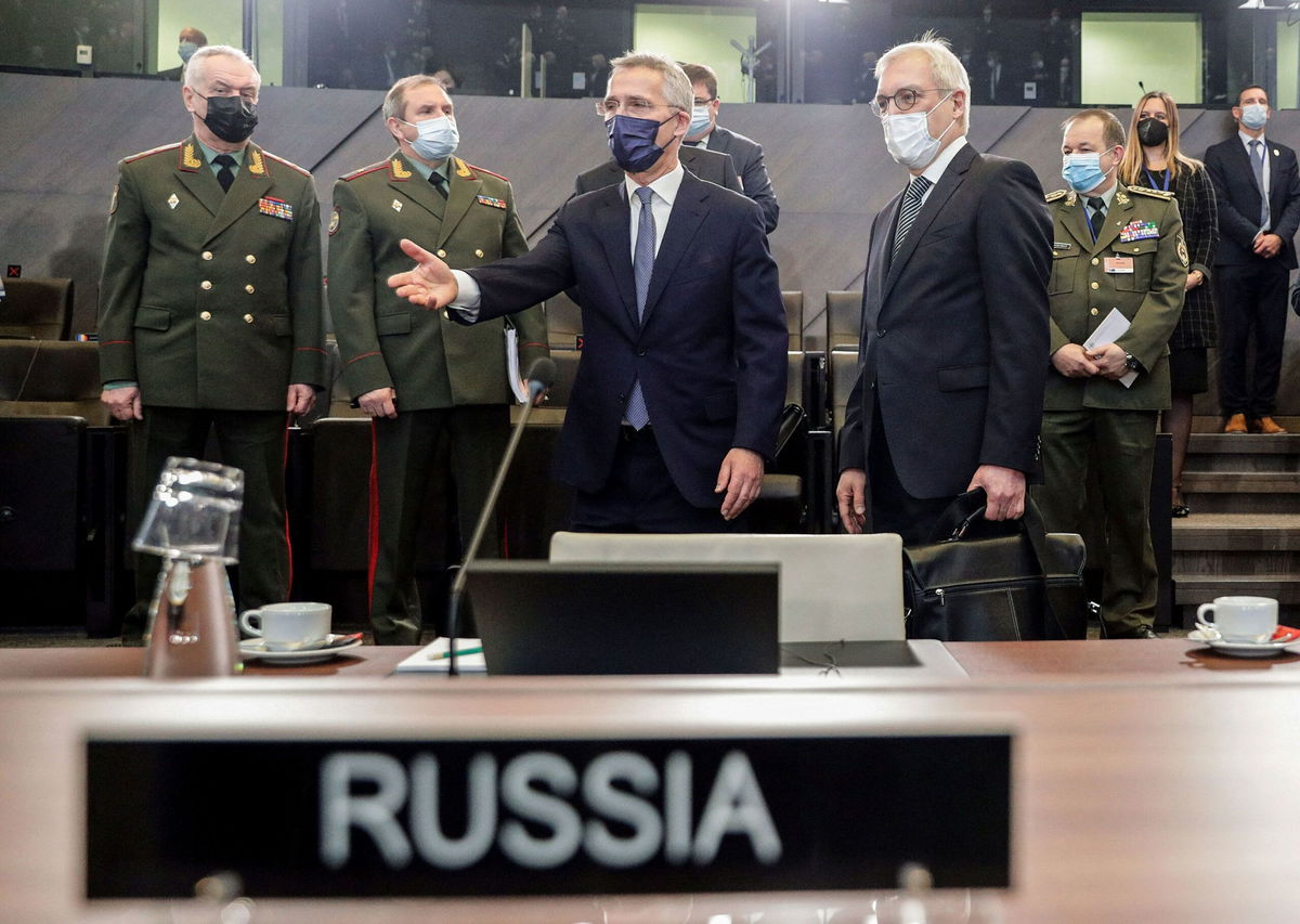 <i>Olivier Hoslet/Pool/AFP/Getty Images</i><br/>Russian Deputy Foreign Minister Alexander Grushko (R) and NATO Secretary General Jens Stoltenberg (C) arrive to attend the NATO-Russia Council at the Alliance's headquarters in Brussels