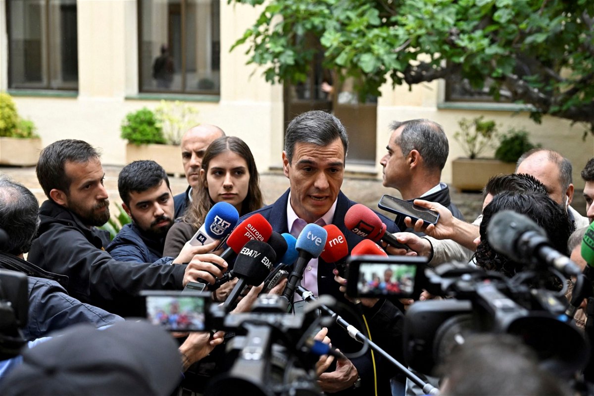 <i>Javier Soriano/AFP/Getty Images</i><br/>Spain's Prime minister Pedro Sanchez of Socialist Party (PSOE) talks to media after voting in Madrid on May 28