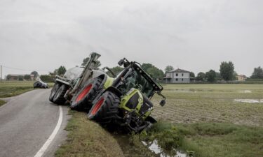 A tractor goes off road after flooding outside Ravenna in the Emilia Romagna region of Italy on May 20.