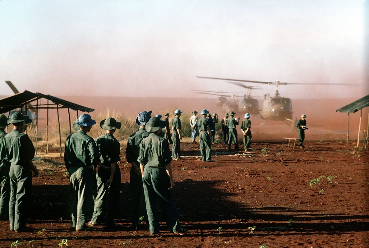 <i>The U.S. National Archives</i><br/>UH-1 Iroquois helicopters arrive to pick up American prisoners of war at Loc Ninh