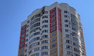 A view shows a damaged multi-story apartment block following a reported drone attack in Moscow