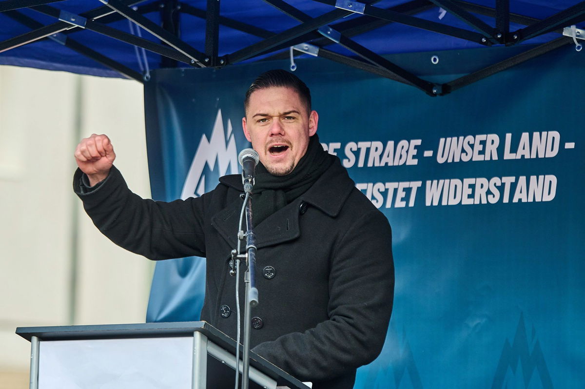 <i>F Boillot/snapshot-photography/Shutterstock</i><br/>Hannes Gnauck during a statement by right-wing activists from the Young Alternative for Germany at the Brandenburg Gate in Berlin.