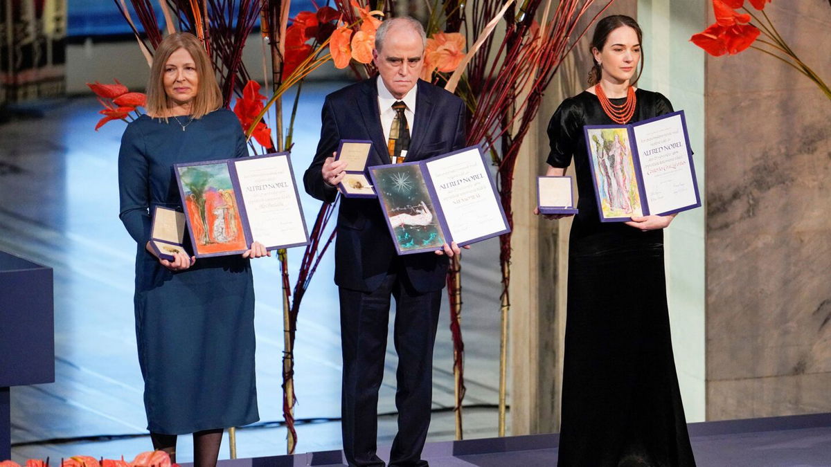 <i>Rodrigo Freitas/NTB/via Reuters</i><br/>Representatives receive the Nobel Peace Prize for 2022 in Oslo City Hall