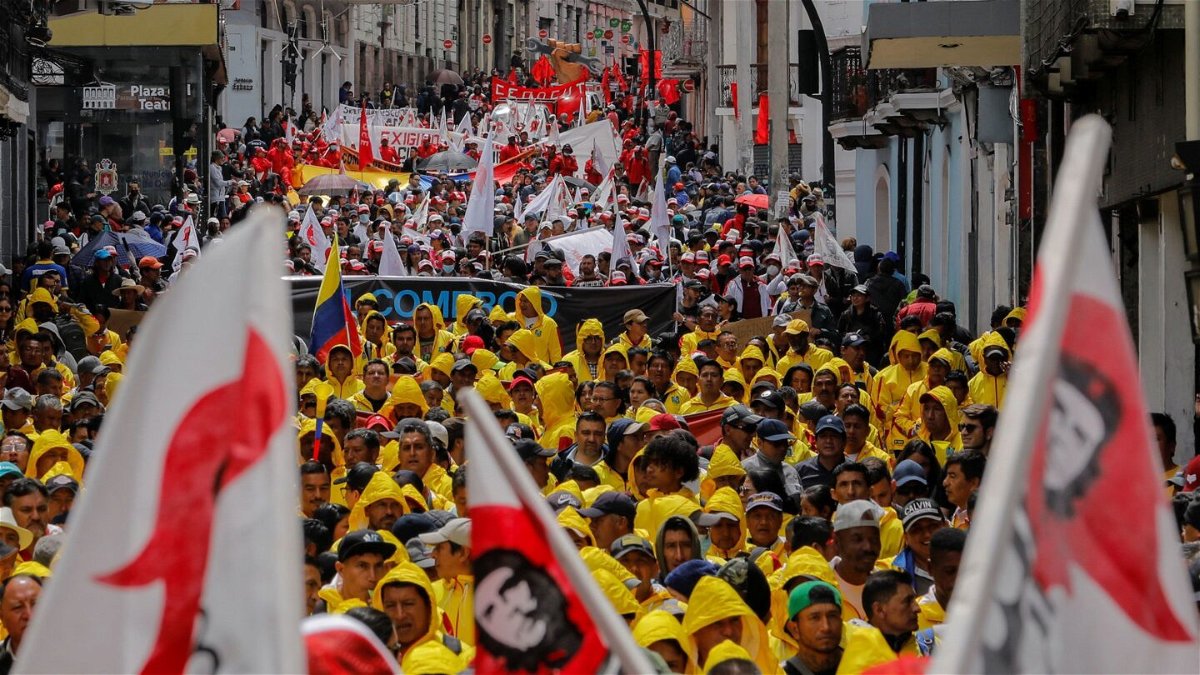 <i>Karen Toro/Reuters</i><br/>Members of unions and civil society groups demand that Ecuador's President Guillermo Lasso leave office amid rising crime and insecurity