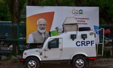 An armored vehicle is seen in front of the G20 summit ahead of the G20 summit meeting in Srinagar