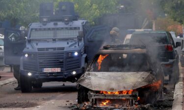 A car was set on fire during Monday's clashes.