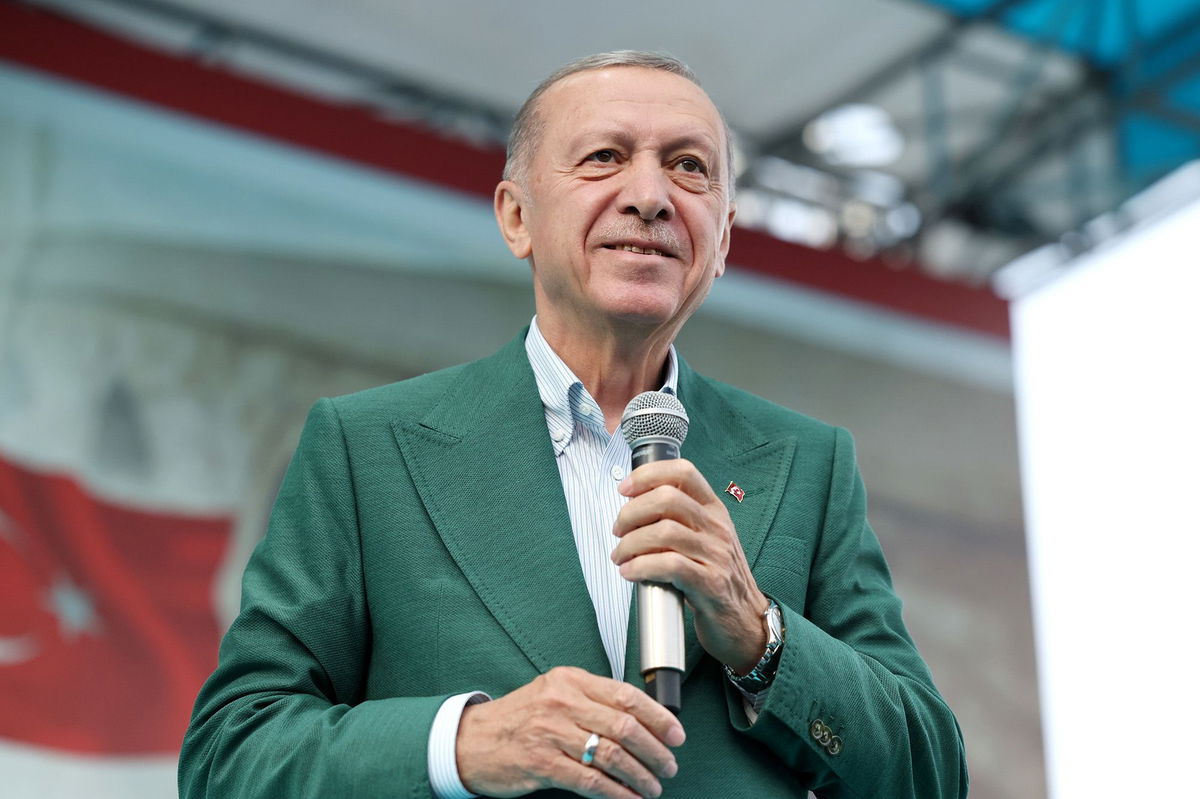 <i>Murat Kula/Anadolu Agency/Getty Images</i><br/>Turkish President Recep Tayyip Erdogan speaks during a public gathering at Republic Square in Sivas