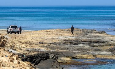 Security personnel wait by a police vehicle along the Mediterranean shoreline near Qarabulli