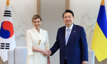 Ukraine's first lady Olena Zelenska meets with South Korean President Yoon Suk Yeol at the Presidential Office in Seoul on May 16.