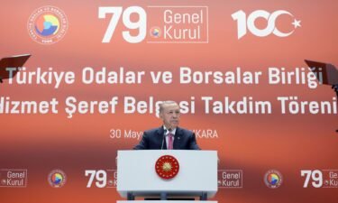 Turkish President Recep Tayyip Erdogan gives a speech during the 79th General Assembly of the Union of Chambers and Commodity Exchanges of Turkey in Ankara on May 30.