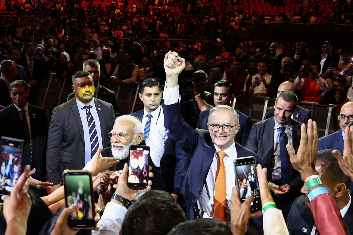 <i>David Gray/AFP/Getty Images</i><br/>India's Prime Minister Narendra Modi and his Australian counterpart Anthony Albanese attend an event with members of the local Indian community at the Qudos Arena in Sydney on May 23.