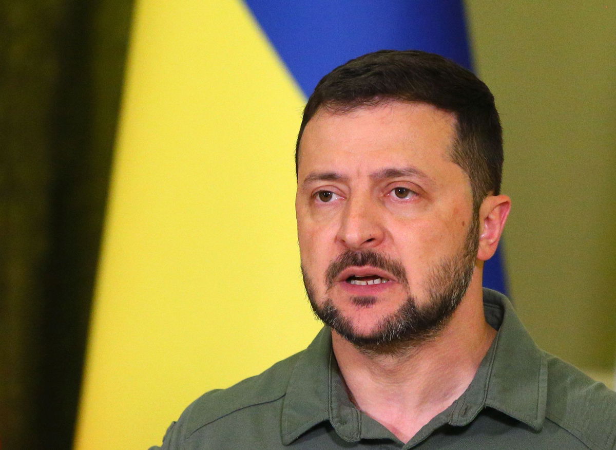 <i>STR/NurPhoto/Getty Images</i><br/>Ukrainian President Volodymyr Zelensky speaks during a joint press-conference with Prime Minister of Canada Justin Trudeau