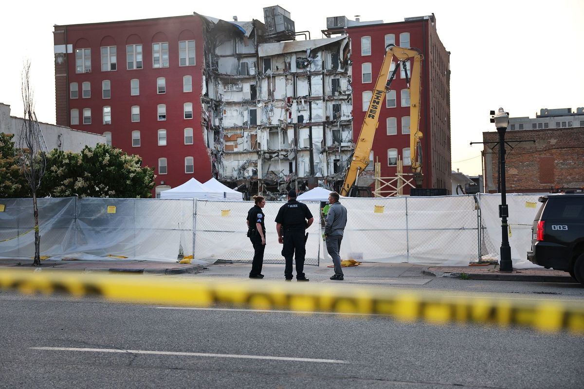 Search and rescue efforts continue on June 4, 2023 at a six-story apartment building nearly a week after a section of the building collapsed in Davenport, Iowa.