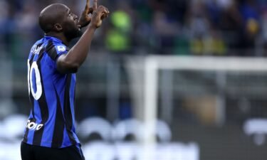 Romelu Lukaku of Fc Internazionale celebrates after scoring a goal during the Serie A football match between Fc Internazionale and Atalanta Bc. Fc Internazionale wins 3-2 over Atalanta Bc.