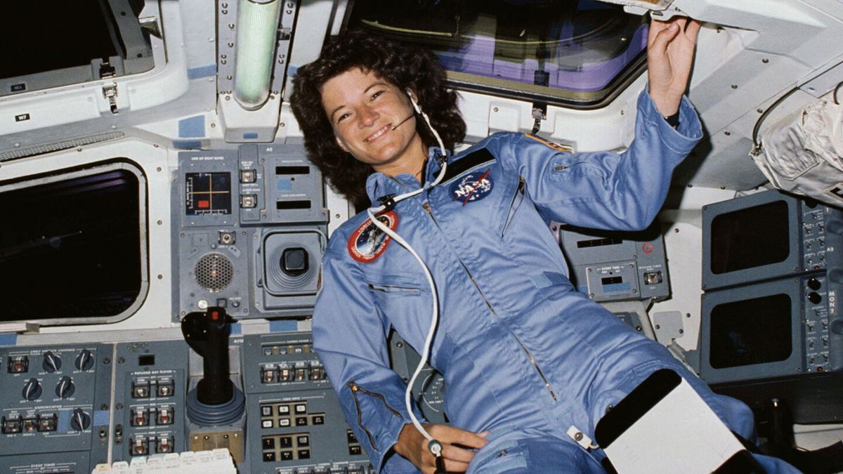 <i>NASA</i><br/>The late former NASA astronaut Sally Ride floats in microgravity while in low-Earth orbit on the aft flight deck of the orbiter Challenger during the STS-7 mission in 1983