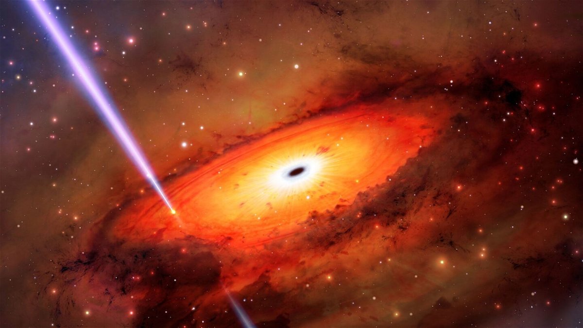 <i>International Gemini Observatory/NOIRLab/NSF/AURA/M. Garlick/M. Zamani</i><br/>An artist's illustration depicts a gamma-ray burst