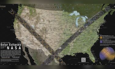 A map shows the path of the annular solar eclipse in October in yellow circles and the 2024 total solar eclipse in blue circles.