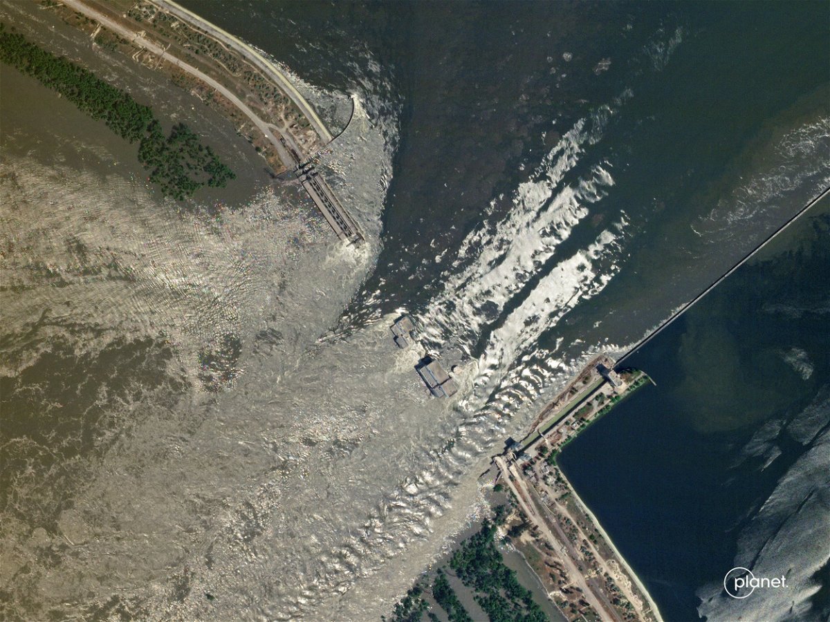 <i>Planet Labs PBC/Reuters</i><br/>Kyiv and Moscow have traded accusations over the destruction of the dam but neither side has provided concrete proof that the other is culpable.