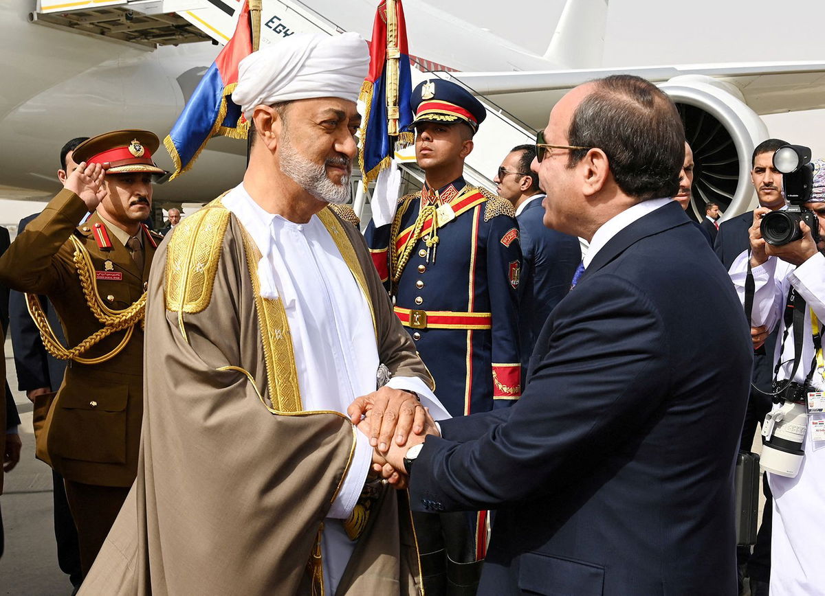 <i>Oman News Agency/Reuters</i><br/>Egypt's President Abdel Fattah al-Sisi shakes hands with Oman's Sultan Haitham bin Tariq in Cairo on May 21.